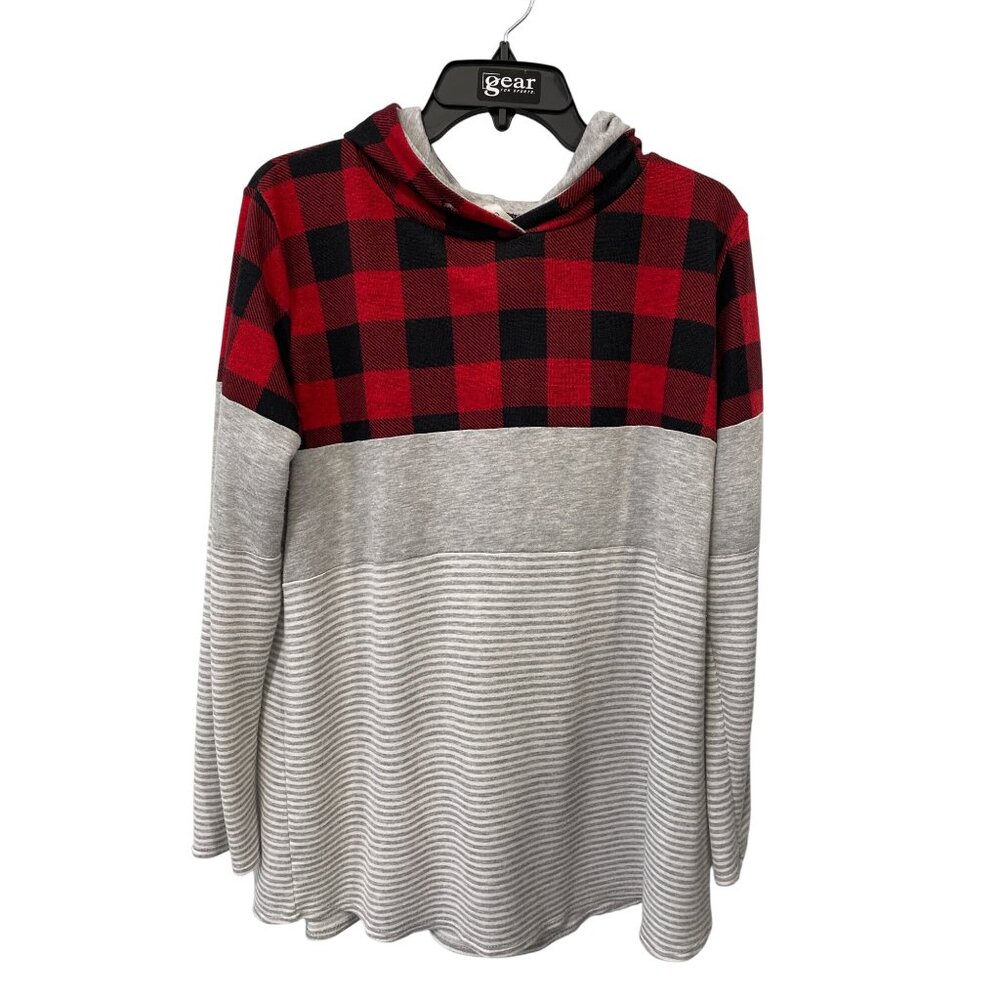 Grateful Hearts Buffalo Plaid Striped Pullover Hoodie Size Medium Comfort Lounge
